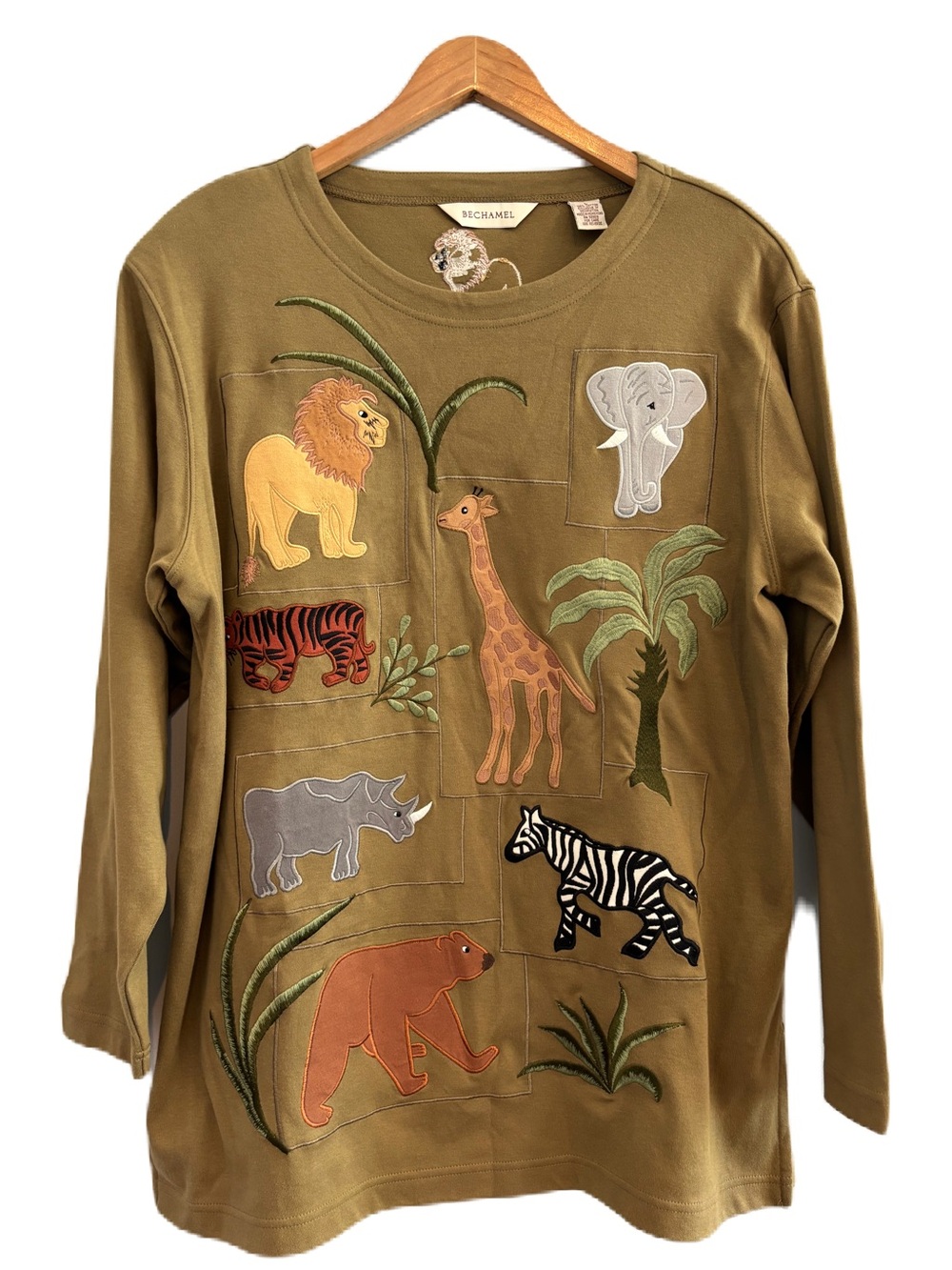 Vintage Bechamel Safari Theme Olive Long Sleeve Top Size Large